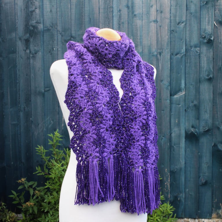 Crochet Stripey Scarf in Sparkly Purple and plain Purple