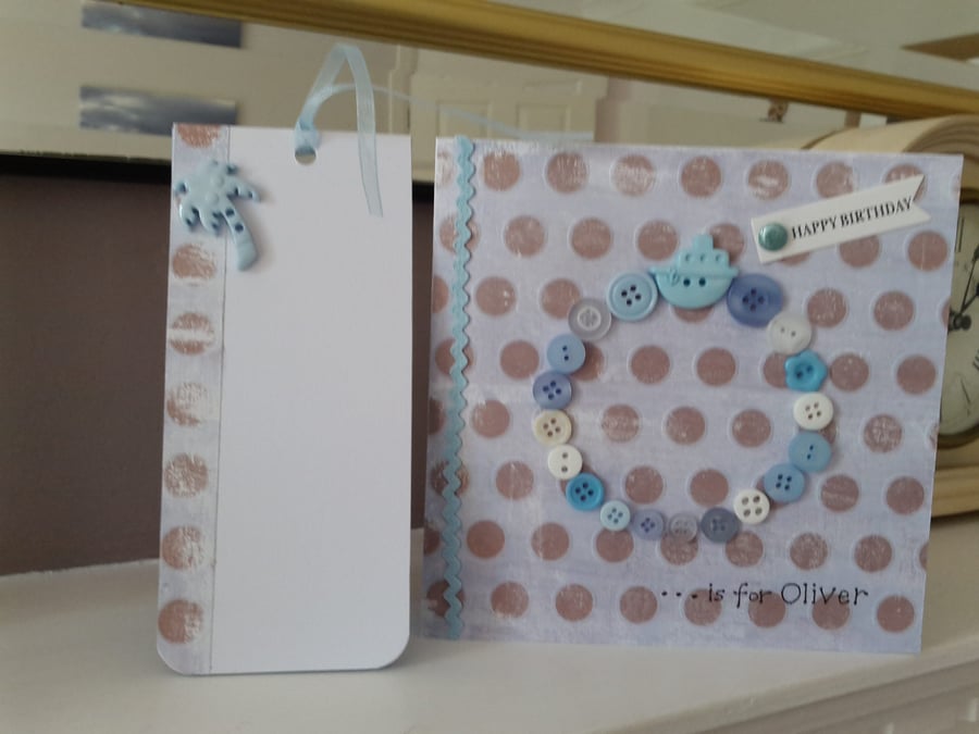 Childs initial personalised birthday  card with matching gift tag