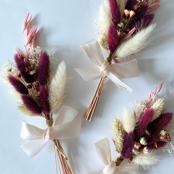 Mini Dry Flower Arrangement Gift Burgundy Plum Pinks Ivory Neutrals Keepsake