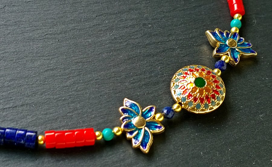 Enamelled Flower Necklace with Lapis Lazuli, Turquoise and Red Porcelain