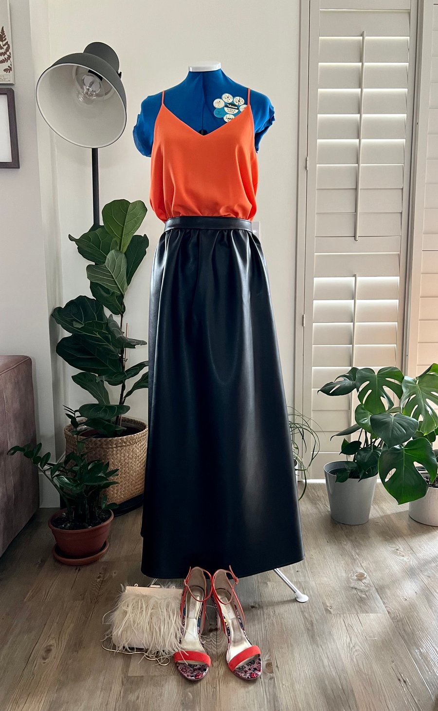 Black Vegan Leather Statement Skirt . Maxi Skirt . Statement Skirt . Size 16