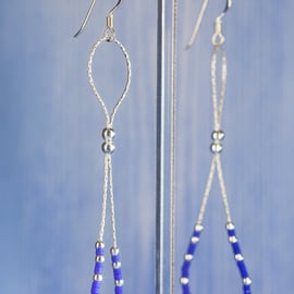 Drop earrings with silver chain, beads and dark blue seed beads 