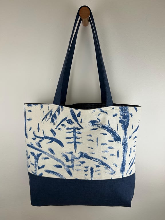 Blue Brushstroke Cotton Canvas Tote Bag, Modern Art