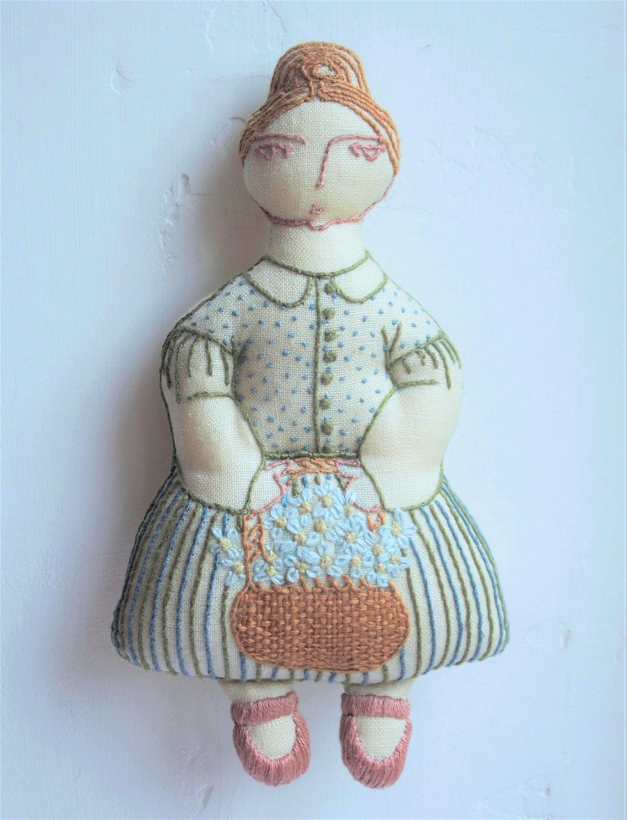 Emily - A Hand Embroidered Textile Art Doll, Eco-friendly, Handmade - 16.5cms