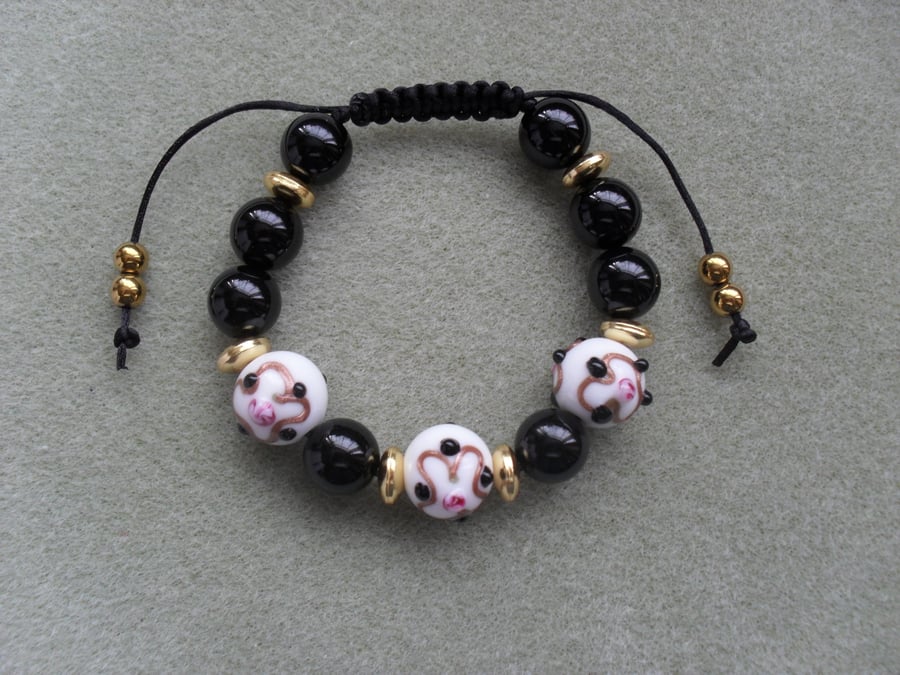 Black Agate and Glass Bead Bracelet