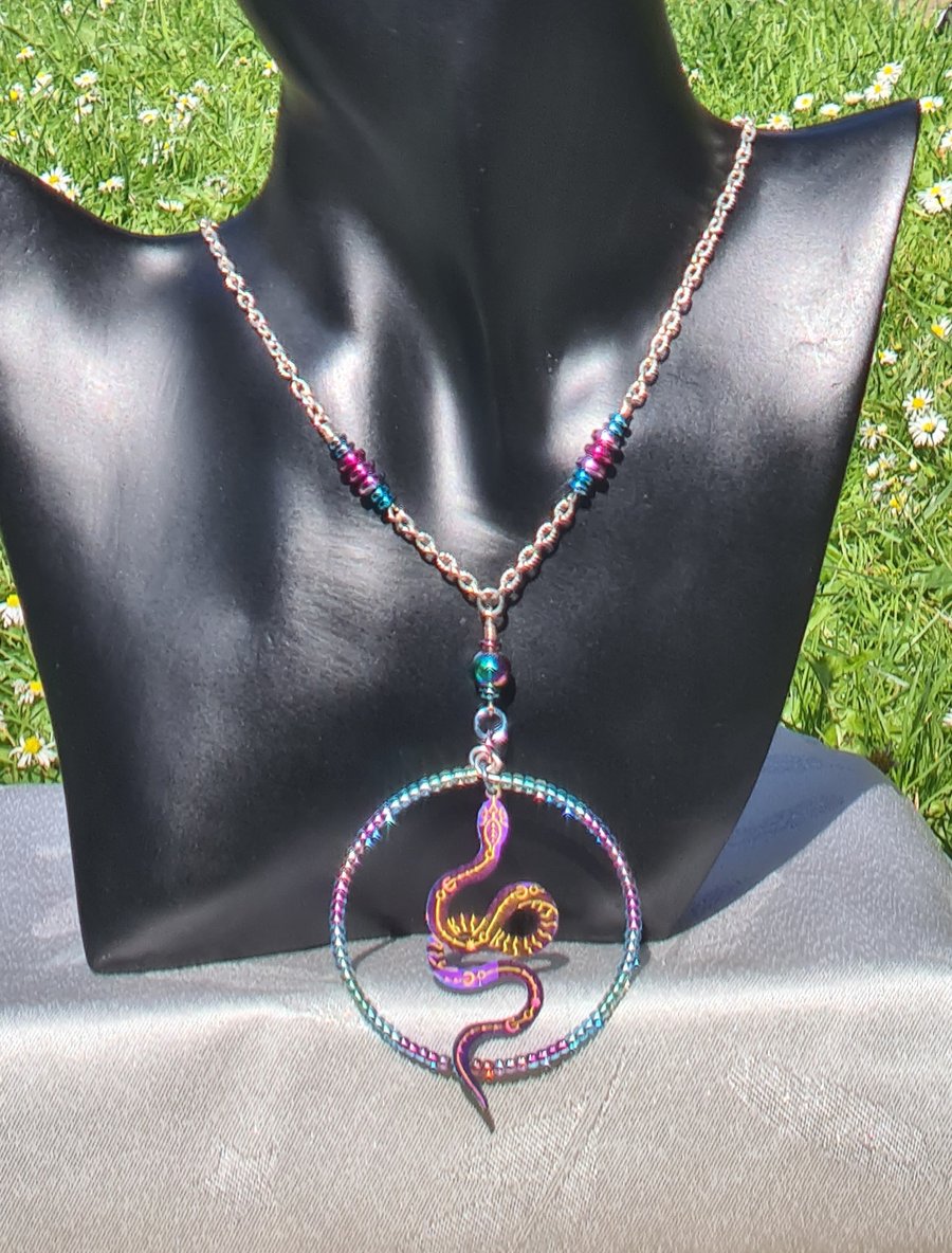 Large Serpent Pendant Necklace - pinks blues