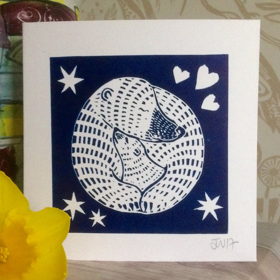 'Mother and Baby Bear' Hand Pressed Original Lino Print Card