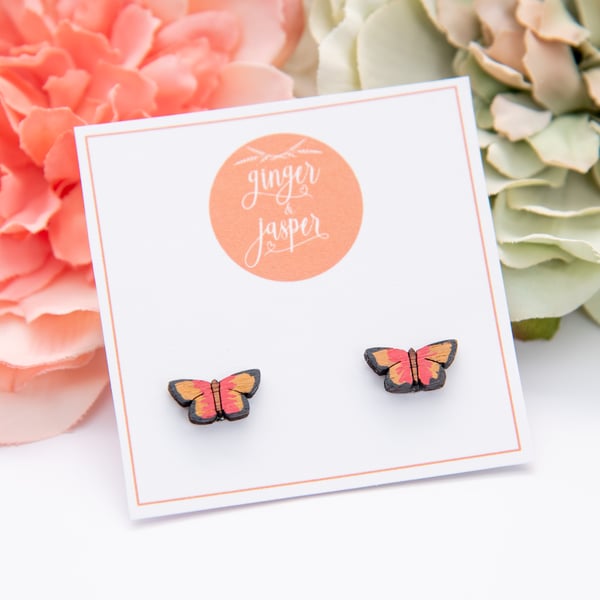 Hand Painted Wooden Butterfly Earrings, Red Butterfly Studs, Butterflies, Studs
