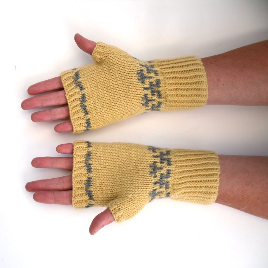 Women's yellow fair isle fingerless gloves