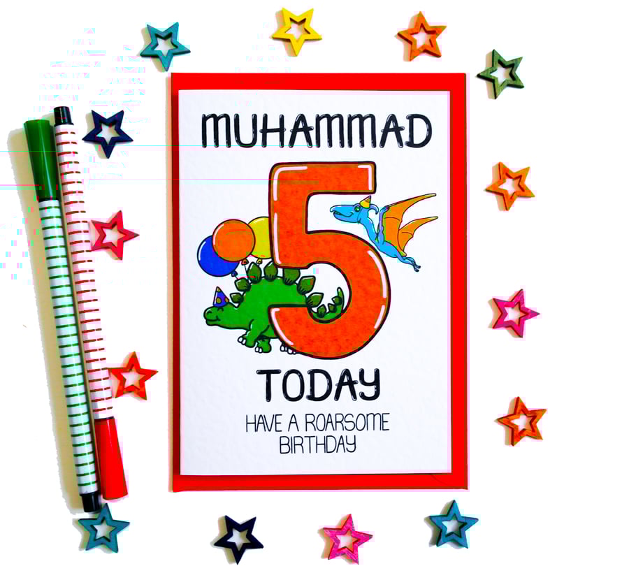 Personalised Birthday Card, 5 Today Have a Roarsome Birthday Card cute dinosaurs