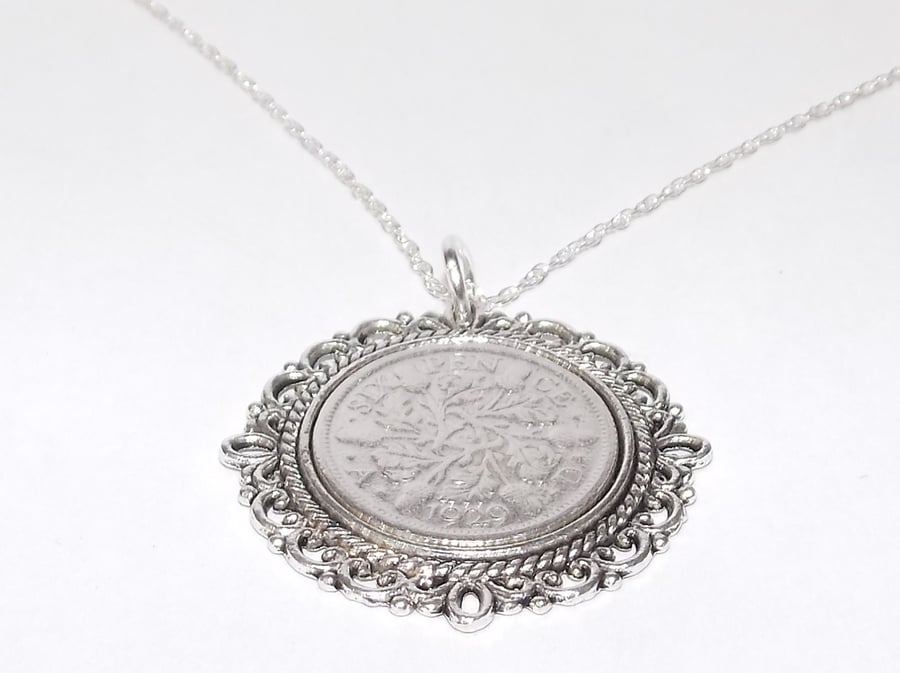 Fancy Pendant 1929 Lucky sixpence 95th Birthday plus a Sterling Silver 18in Chai