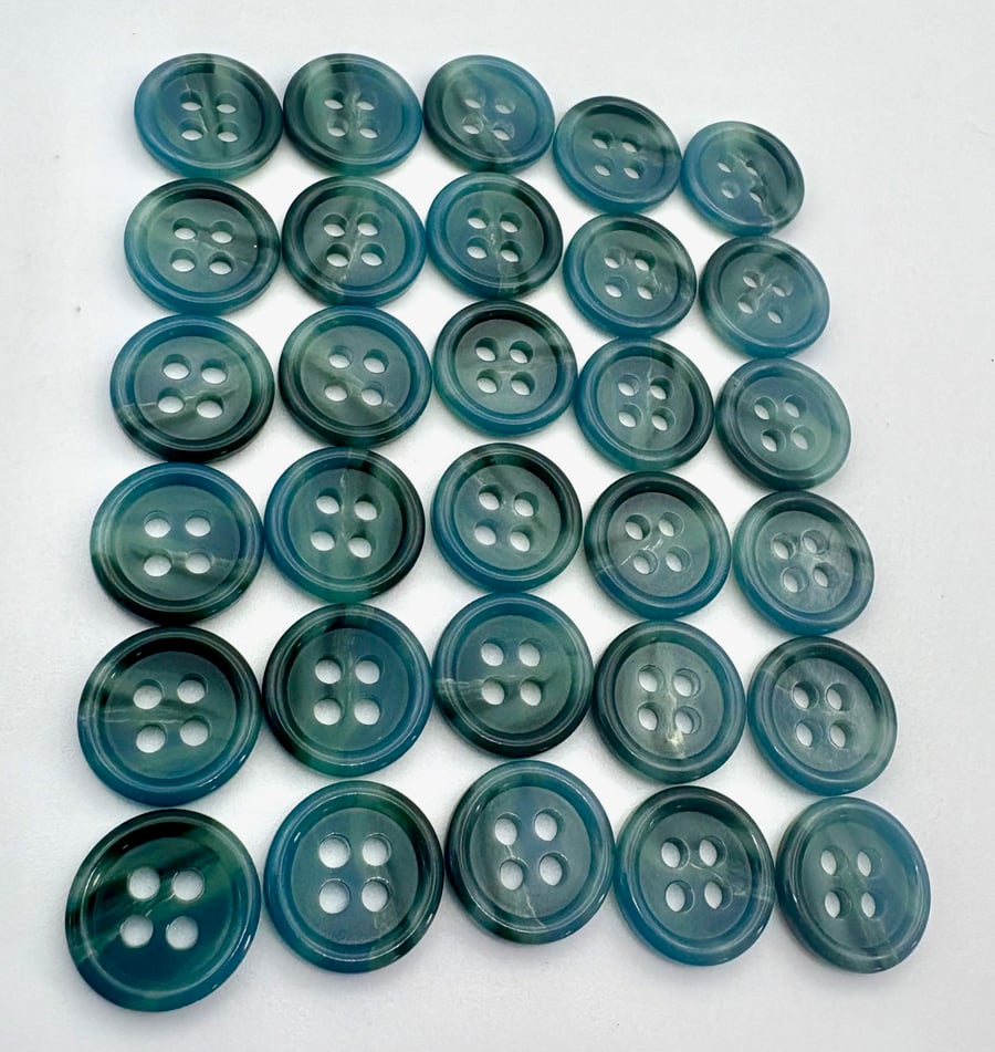 30 Tortoiseshell Buttons, Sea Green and Blue, 14mm Wide, Pack of 30, Dish