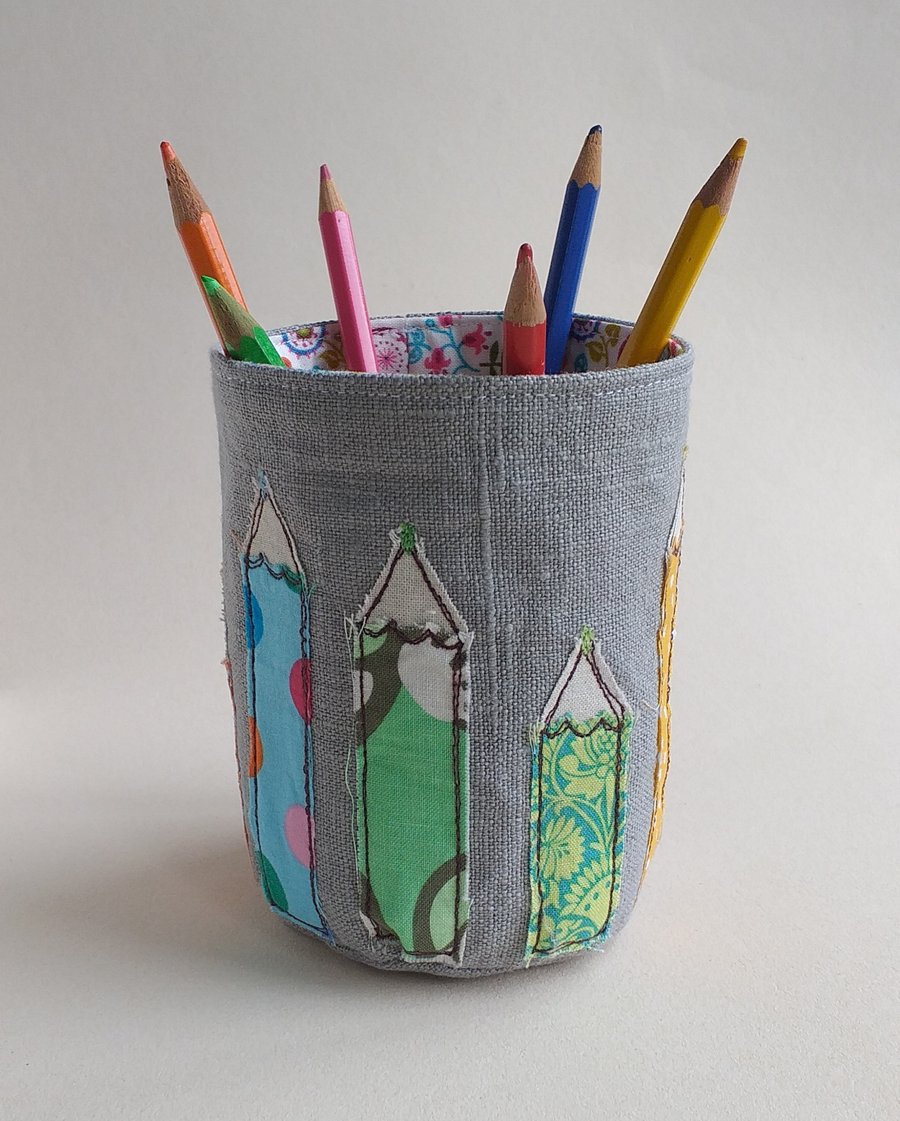 Fabric Pencil Pot with Embroidered Pencils
