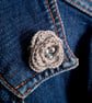 Crocheted cotton small flower brooch with beads - grey
