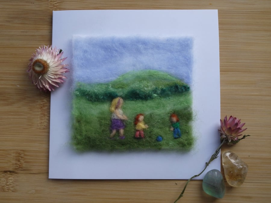 Handmade needle felted Walking with Mum greetings card