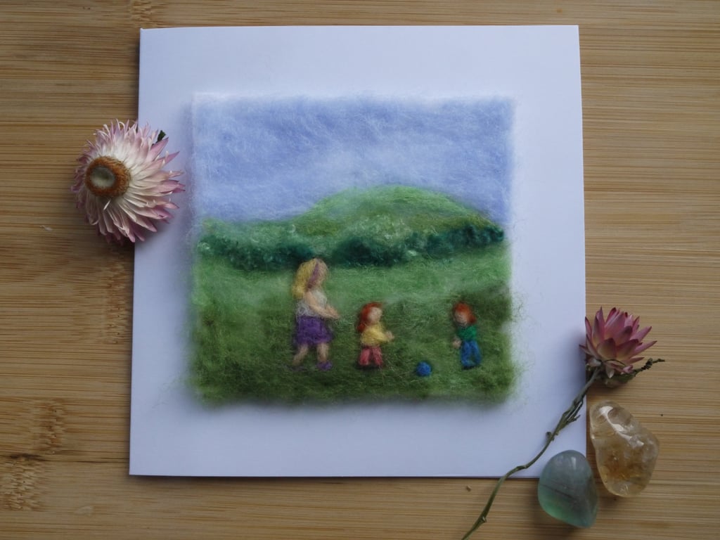 Handmade needle felted Walking with Mum greetings card