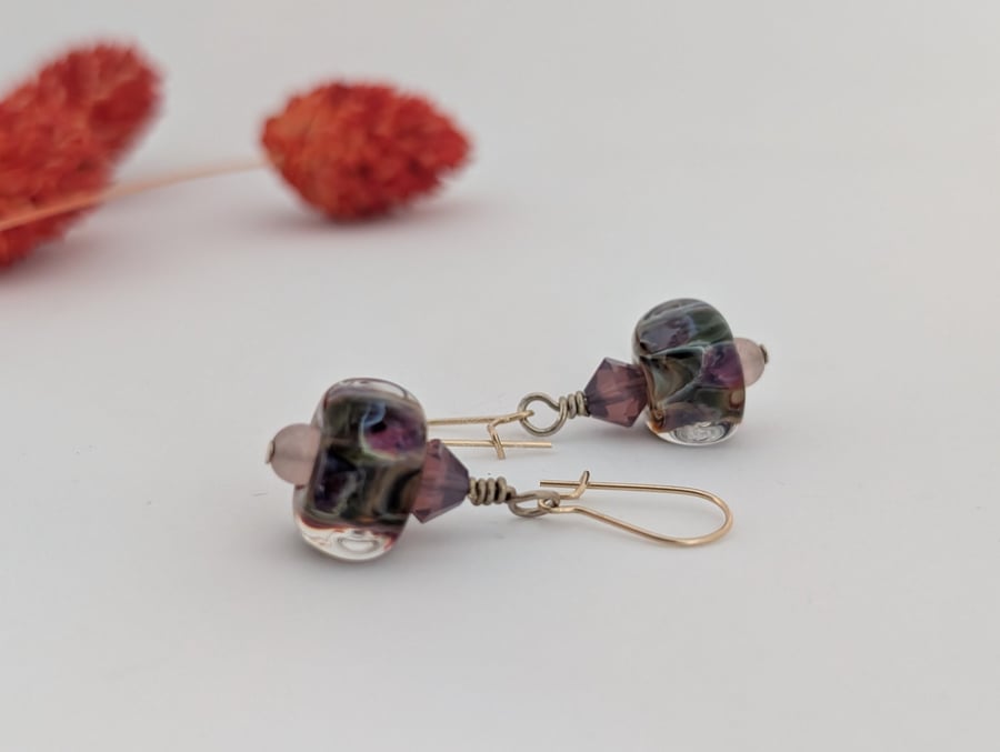 Glass Lampwork Drop Earrings: Swarovski Crystal, Gold Filled Earwires