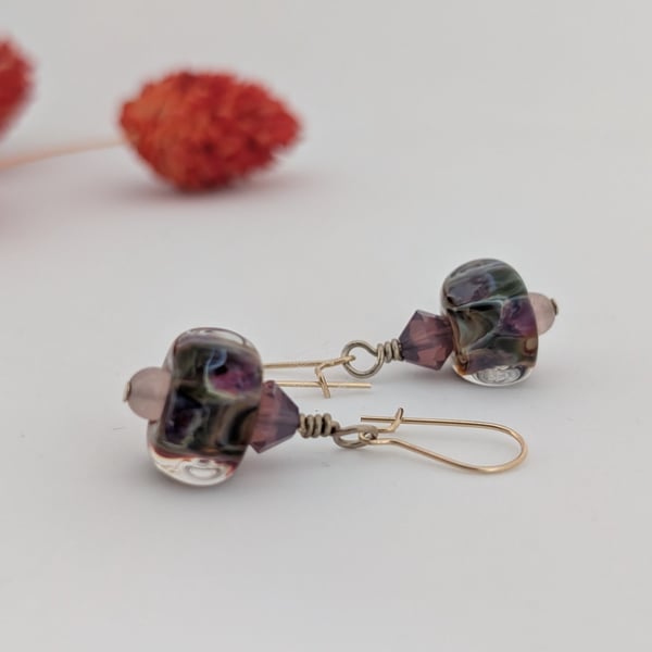 Glass Lampwork Drop Earrings: Swarovski Crystal, Gold Filled Earwires