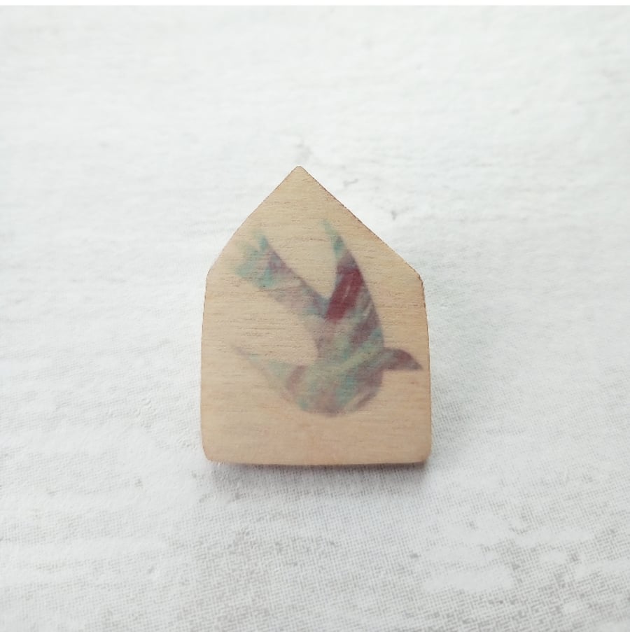 Wooden Bird Brooch, Blue Bird Brooch, House Brooch, Bird Badge, Bird Pin
