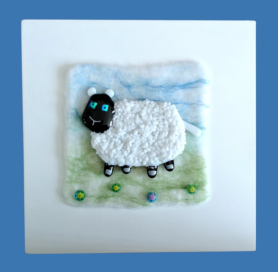 HANDMADE FELT AND FUSED GLASS 'LITTLE LAMB' PICTURE