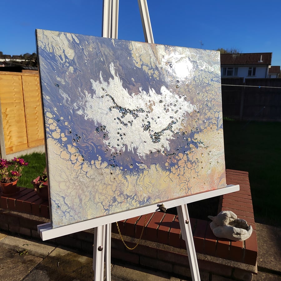 40x50cm Original Abstract Acrylic Pour Painting with Glass Crystals on Canvas 