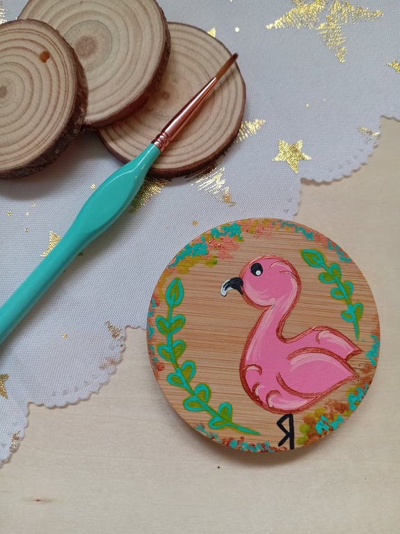 Flamingo wooden pocket mirror
