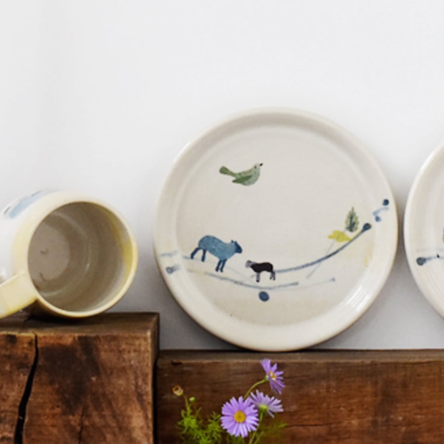 Art naive inspired ceramic plate with bird and sheep - handmade pottery