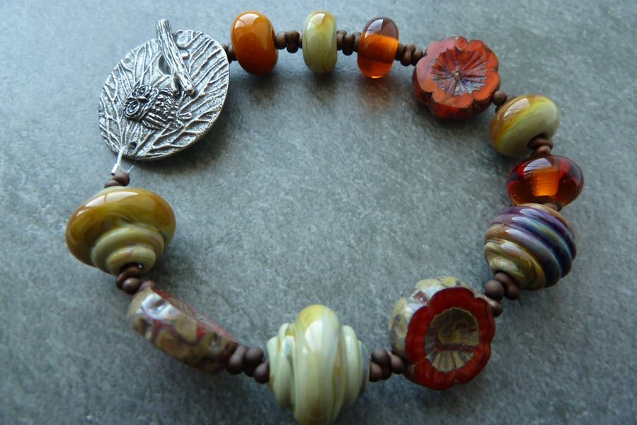 owl pewter bracelet, lampwork glass