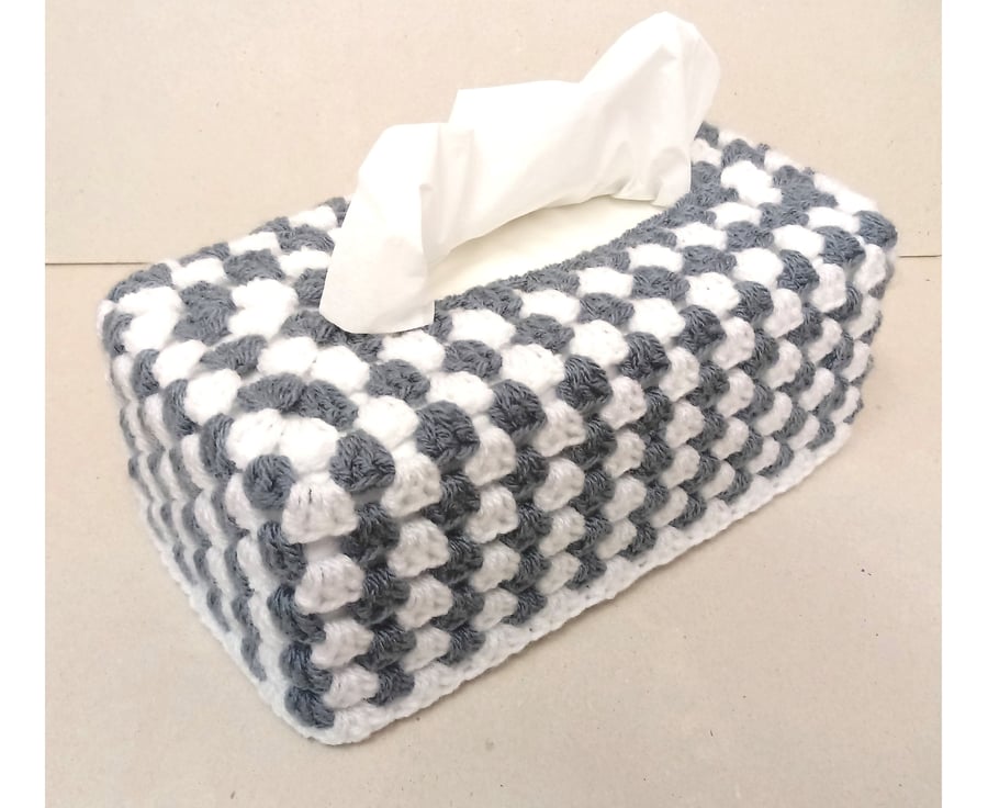 Tissue box cover in grey and white, crocheted tissue box holder, handmade