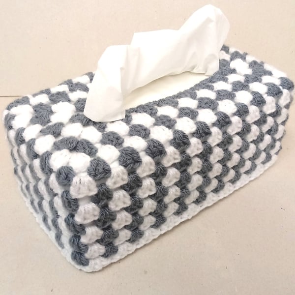 Tissue box cover in grey and white, crocheted tissue box holder, handmade