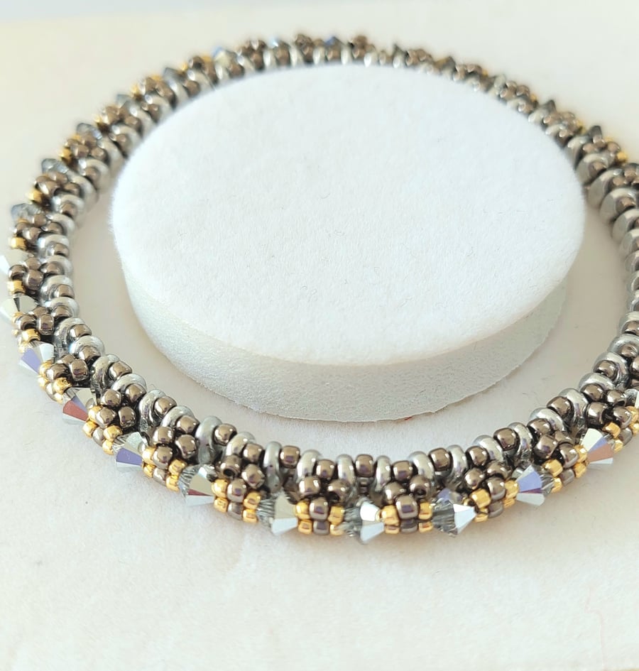 Handmade Swarovski Crystal Bangle, Clear Crystals and Silver Beads, 8" Long 