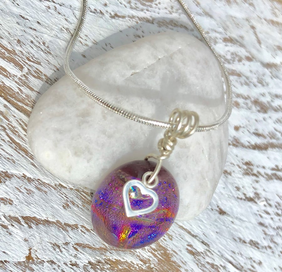 Sterling Silver & Glass Necklace in Purple Rainbow with Silver Heart Charm