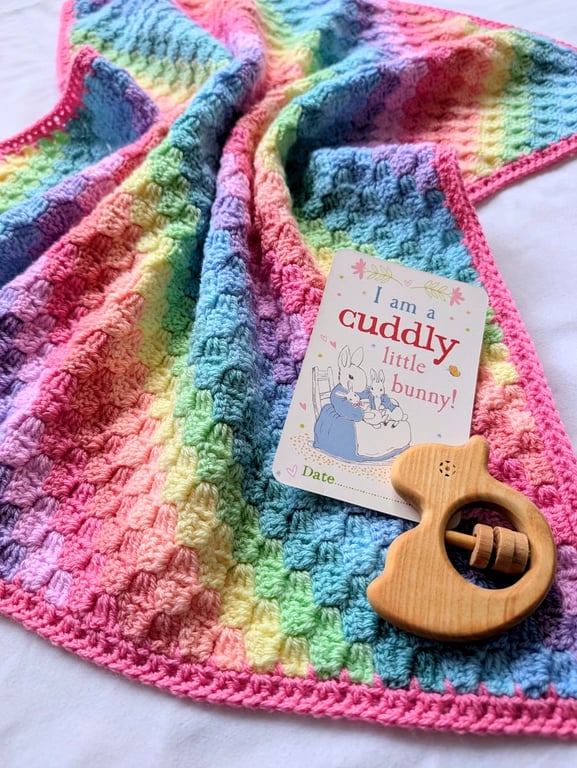 Handmade rainbow crochet baby blanket