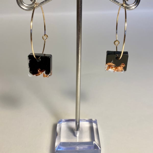 Handmade black resin and copper leaf square hoop earrings