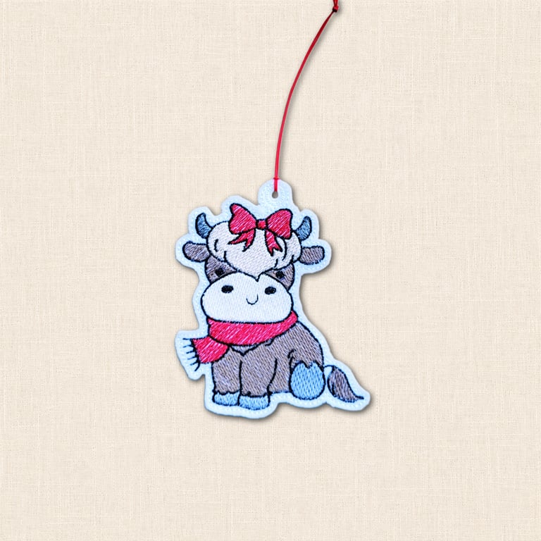 Festive Bow Highland Cow Decoration - Embroidered Felt Ornament