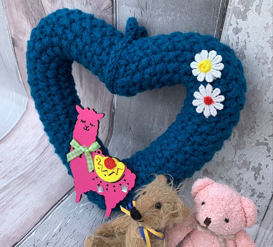 Knitted teal,heart wreath with wooden llama decoration 