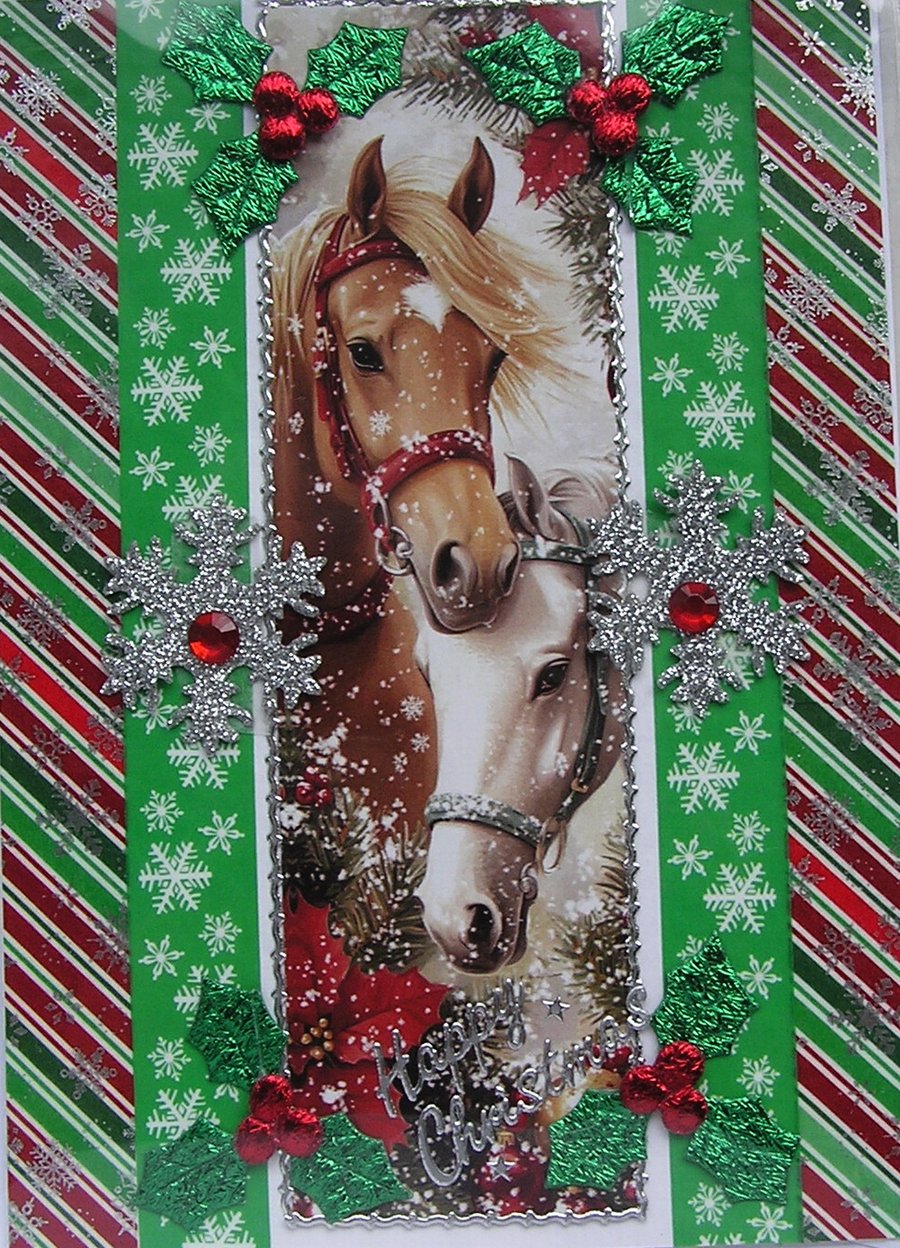 Hand Crafted Decoupage Chistmas Card - Happy Christmas (3383) - Xmas Pony Horse