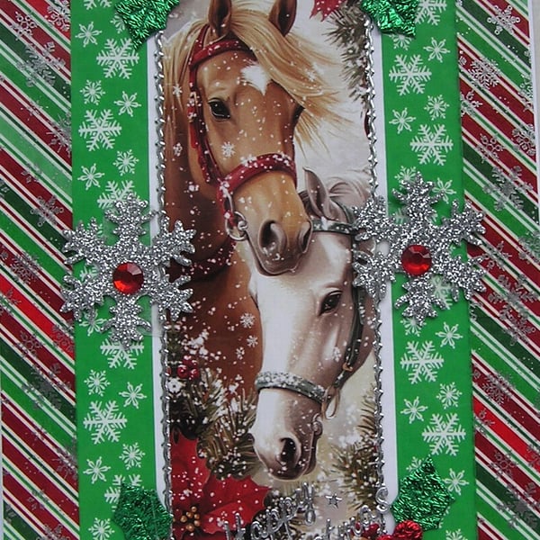 Hand Crafted Decoupage Chistmas Card - Happy Christmas (3383) - Xmas Pony Horse