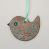 Clay bird hanging decoration copper and sea green 