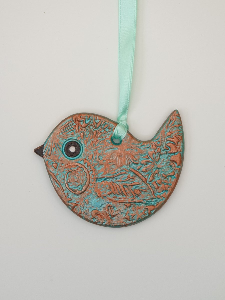 Clay bird hanging decoration copper and sea green 
