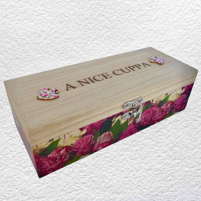 Tea Box: Engraved Wooden Tea Storage Caddy 23.5cm