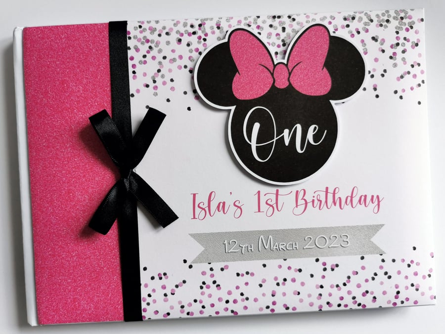Minnie birthday guest book, black and pink minnie head, minnie birthday gift
