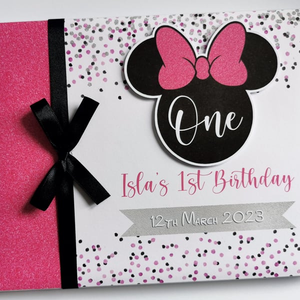 Minnie birthday guest book, black and pink minnie head, minnie birthday gift