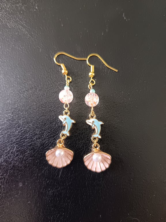 Gold, pastel blue and pink dolphin and shell charm beaded dangle earrings 