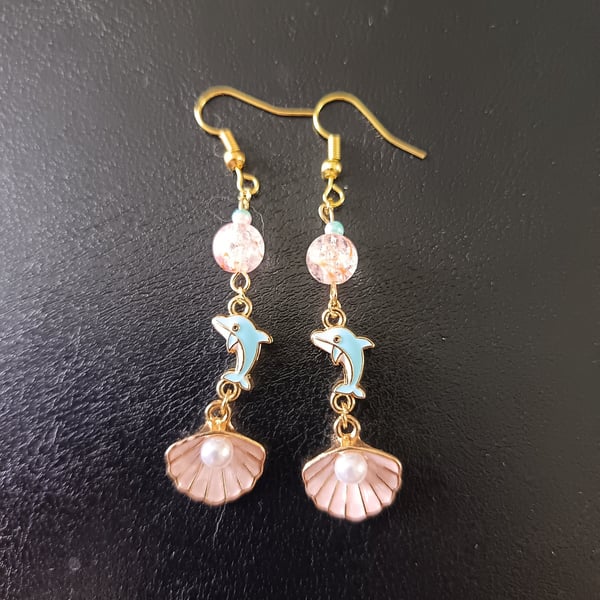 Gold, pastel blue and pink dolphin and shell charm beaded dangle earrings 