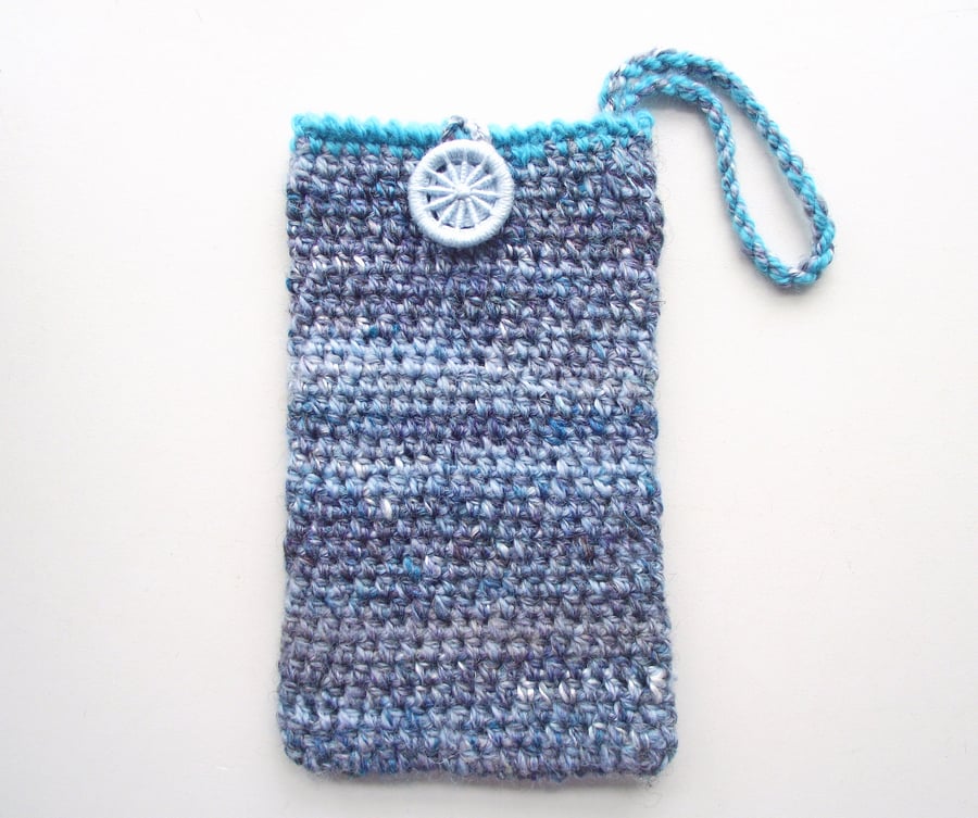 Wrist Purse, Bag or Pouch, For Mobile or Glasses, Crocheted Blue Merino, Silk 