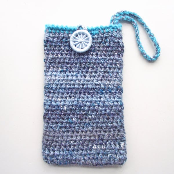 Wrist Purse, Bag or Pouch, For Mobile or Glasses, Crocheted Blue Merino, Silk 