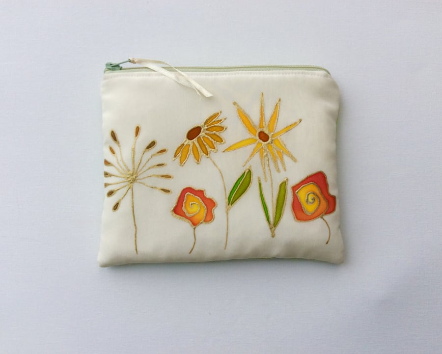 Silk make up bag, zipped pouch, original hand painted design.