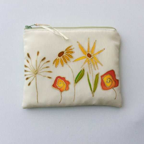 Silk make up bag, zipped pouch, original hand painted design.