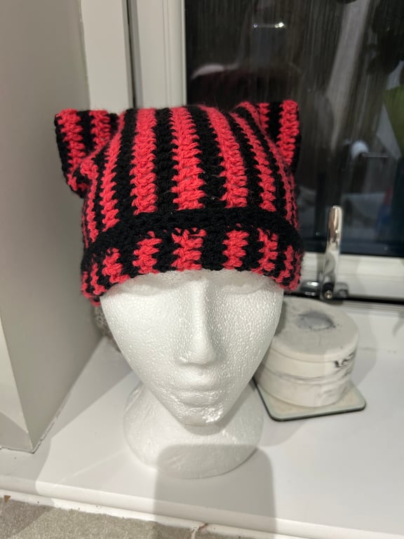 Black and Pink Stripe Cat Ear Beanie